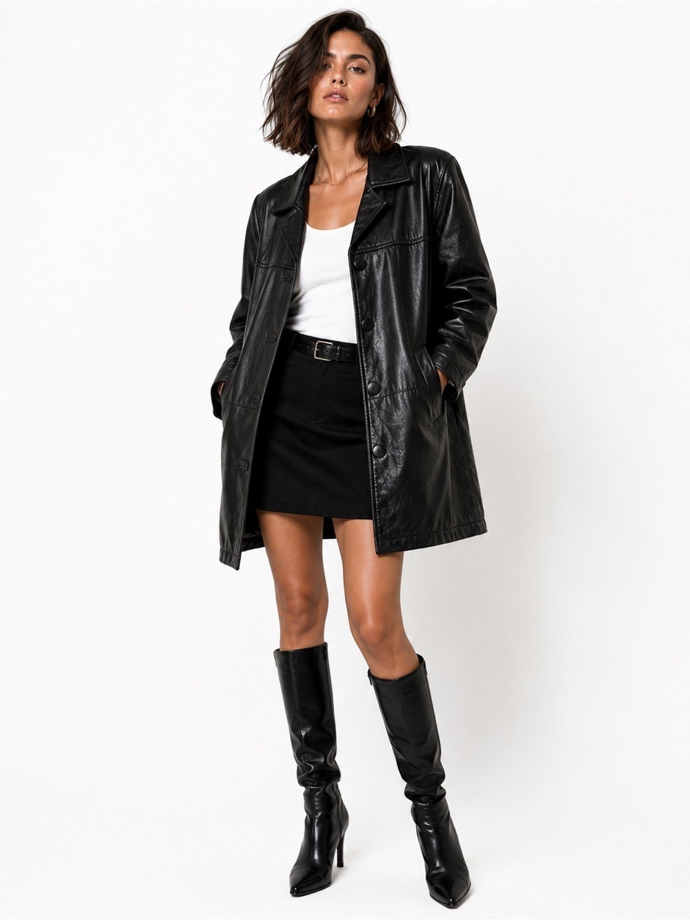 Vintage Y2K Nicole Miller Black Genuine Leather Car Coat Button Front Medium EUC